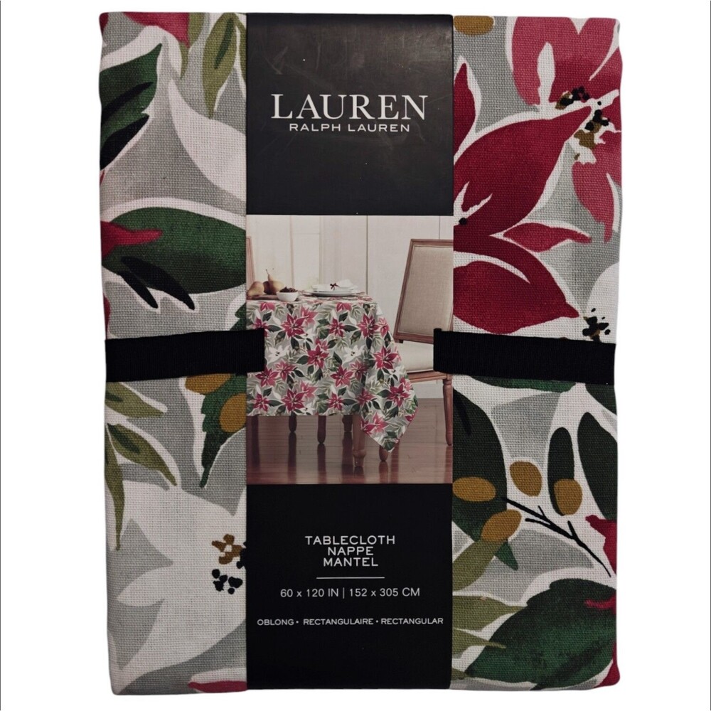 NEW Ralph Lauren Christmas Tablecloth Poinsettia 60 X 120 Oblong Cotton Floral